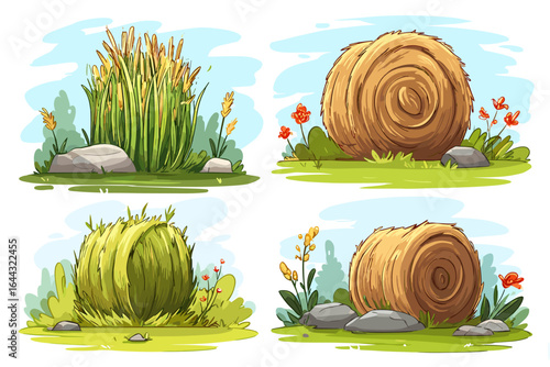 Collection of Cartoon-Style Hay Bales and Grass Clumps in a Vibrant Landscape