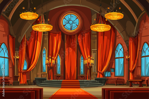 Elegant Interior of a Grand Theater with Rich Draperies and Luminous Chandeliers