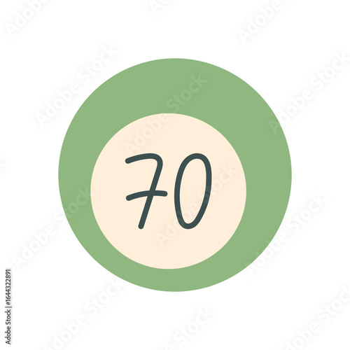 Flat bingo game ball with number 70. Lotto table piece with a circular border and bold numeric design. Playful and fun template for boardgame entertainment, ideal for leisure family activities or