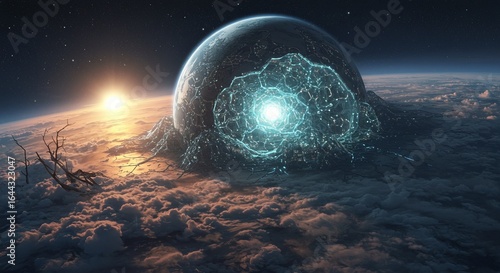 Mysterious Futuristic Energy Sphere Emerging from Alien Planet Surface