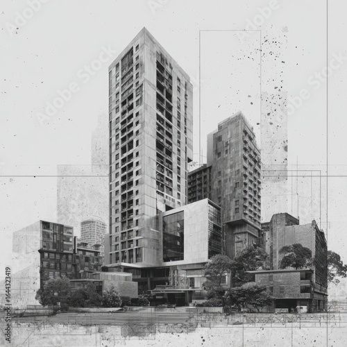 Modernist city buildings in grayscale, with abstract overlays