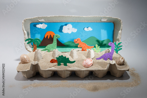 Dinosaur-themed carton diorama with sand, speckled eggs, and handmade figures, ideal for toy branding, classroom posters, kids science magazines, parenting blogs, STEAM product catalogs,