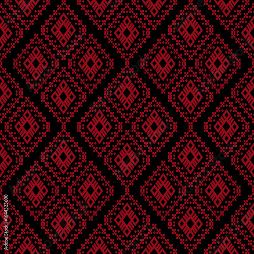 Red Geometric Tribal Pattern on Black. Traditional Ethnic Textile Background.