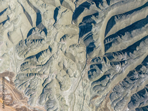 Nallıhan erosion-carved rainbow hills form stunning natural patterns. This aerial image captures intricate textures and unique geological beauty in central Turkey’s semi-arid region.