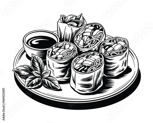 Monochrome illustration of delicious spring rolls, a popular Asian appetizer, artfully arranged on a round plate, served with a savory dipping sauce and fresh herbs, perfect for culinary projects.