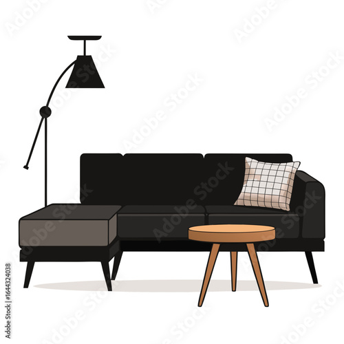 Modern black sectional sofa with floor lamp and side table silhouette isolated on white background