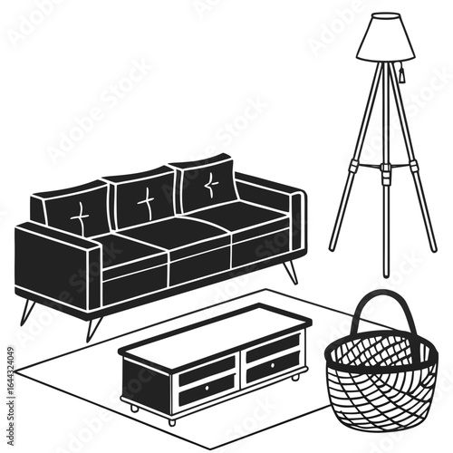 Living room furniture arrangement with sofa coffee table lamp and basket silhouette isolated on white background