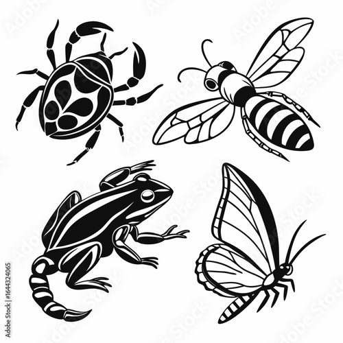 Collection of stylized insect and amphibian silhouettes isolated on white background silhouette
