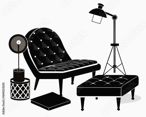 Elegant black tufted chaise lounge with ottoman and floor lamp silhouette isolated on white background