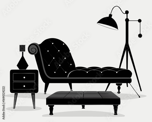Elegant black chaise lounge with ottoman and lamp silhouette isolated on white background