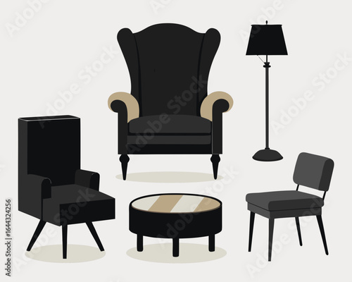 Collection of black furniture and floor lamp silhouette isolated on white background