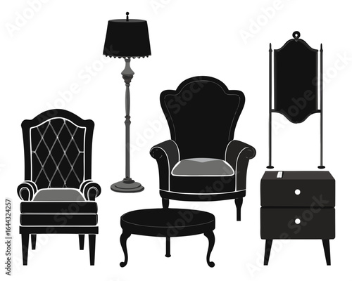 Collection of elegant black furniture silhouettes including chairs a lamp and a nightstand isolated on white background silhouette
