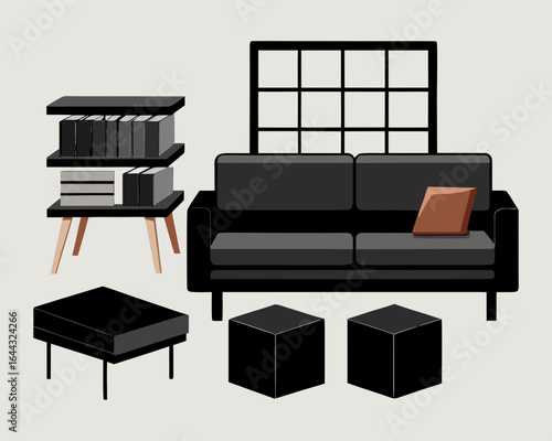 Modern living room furniture arrangement silhouette isolated on white background