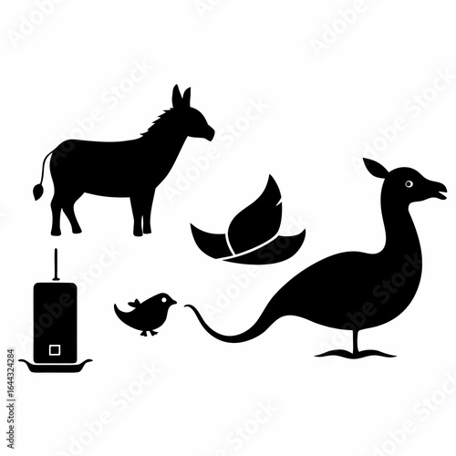 Collection of farm animal and bird silhouettes with feeder isolated on white background silhouette