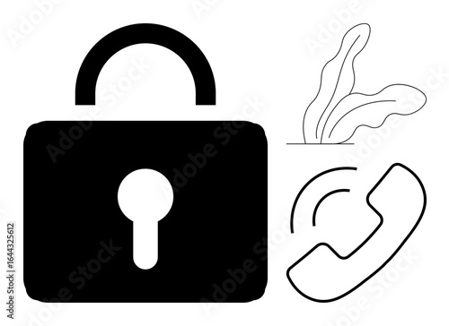 Large padlock alongside phone receiver and abstract plant suggests themes of data security, communication privacy, and growth. Ideal for cybersecurity, privacy, communication, technology, trust
