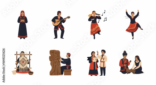 Collection of Traditional Folk Activities Depicting Cultural Heritage and Artistic Expression for Educational Resources and Cultural Awareness Campaigns