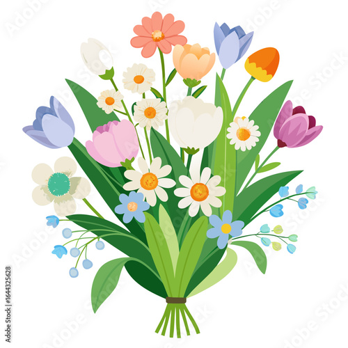 Elegant Bouquet of Fresh Spring Flowers with Pastel Colors Isolated on White