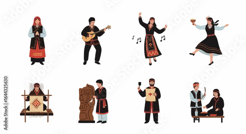 Diverse Representation of Georgian Culture Through Traditional Activities and Garments, Suitable for Educational Materials and Cultural Heritage Preservation Projects.
