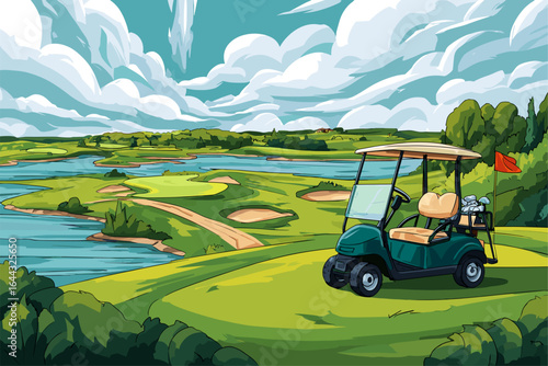 Scenic Golf Course Landscape with Golf Cart and Vibrant Nature