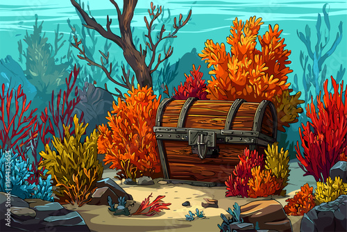 Colorful Underwater Scene with Treasure Chest Surrounded by Vibrant Coral and Sea Plants