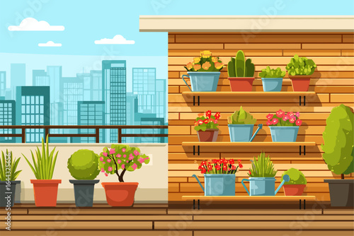 Stylish Rooftop Garden with Colorful Plants and City Skyline Background