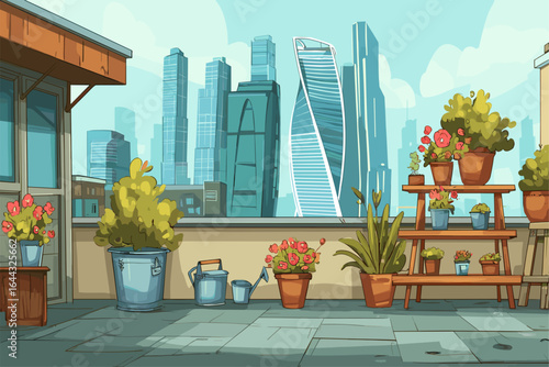 Urban Rooftop Garden with Modern Skyscrapers in Background