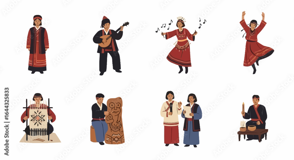 Obraz premium Diverse Set of Cultural Performers in Traditional Clothing Showcasing Music, Dance, Weaving, and Ritual for Educational and Cultural Preservation Projects