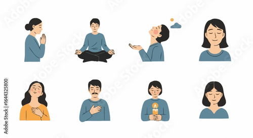 Diverse Group Meditating and Expressing Gratitude Through Various Poses and Gestures for Mental Wellness and Serenity Illustration