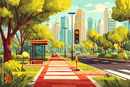 Vibrant Urban Landscape with Bus Stop and Traffic Light in a Green City