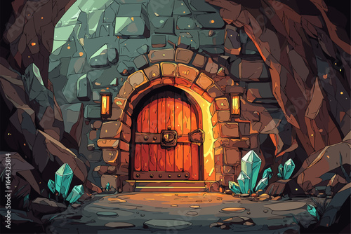 Fantasy Adventure Doorway in a Mystic Cave with Glowing Crystals