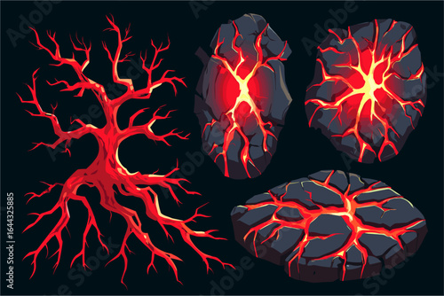 Abstract Lava Tree and Cracked Rock Elements for Game Design