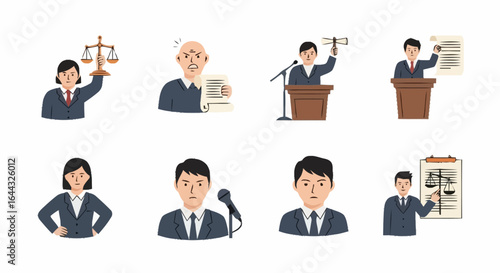 Legal Professionals Illustration Set Depicting Justice, Law, and Courtroom Scenarios for Legal Services, Education, and Informative Content