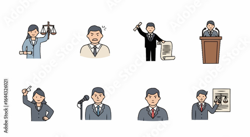 Legal Professionals and Courtroom Scenarios Illustration Set Representing Justice System, Attorneys, and Legal Proceedings for Educational Materials and Legal Services