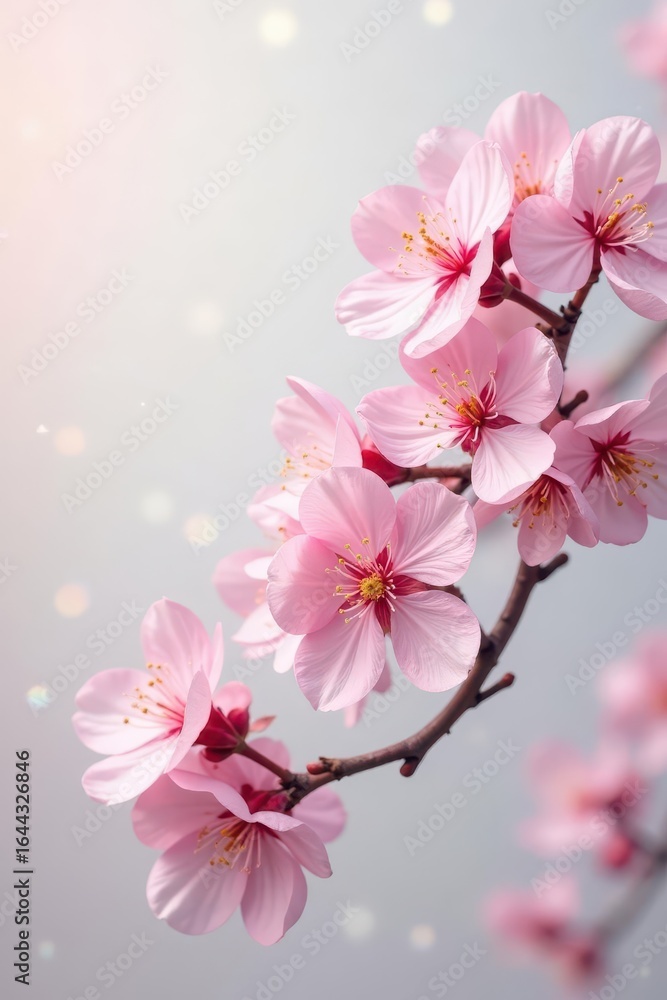 Obraz premium Delicate pink cherry blossoms on a soft white background , nature, texture, pretty