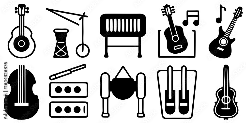 Obraz premium Collection of Musical Instruments and Sound Equipment Icons guitar acoustic guitar