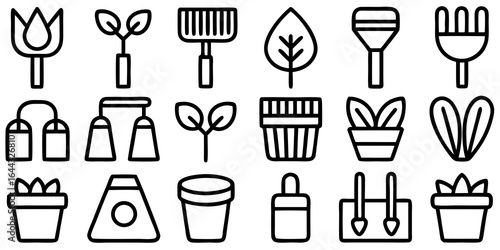 Set of Outline Icons Representing Gardening Tools and Plants flowers leaves