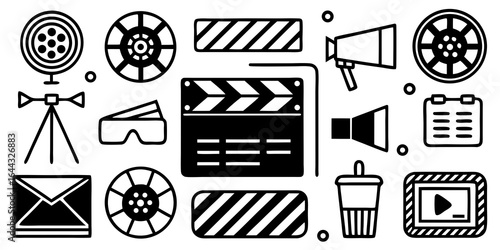 Assortment of Film and Cinema Production Icons film reel clapperboard