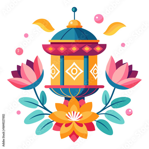 Traditional Vesak Lantern with Lotus Flowers Floating Vector Illustration