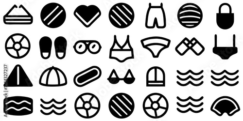 Set of summer and beach activity icons in black and white outline style swimming vacation