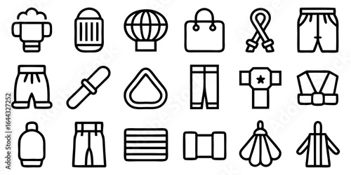 Assortment of sports and activity icons in black and white outline style boxing gloves