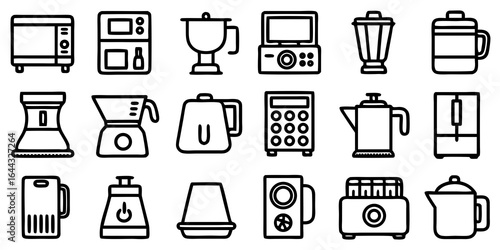 Assortment of kitchen appliance icons in a simple line art style microwave oven
