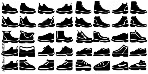 Assortment of Black and White Footwear Icons Including Boots Sneakers and Shoes sandals