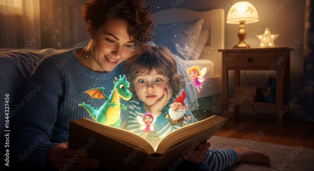 A mother and child reading a book with colorful holographic characters in a cozy living room.