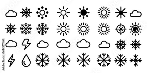 Collection of weather icons including sun clouds snowflakes and lightning bolt symbols Keywords: weather icons, sun, clouds, snowflakes, lightning bolt, rain drop, weather symbols, meteorology