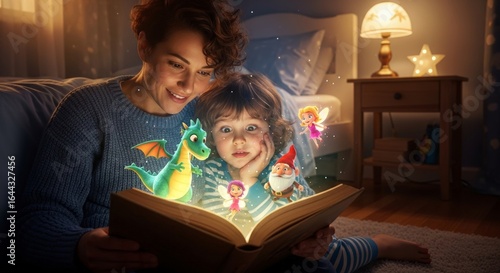 A mother and child reading a book with colorful holographic characters in a cozy living room.