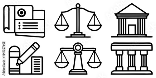 Legal and Justice Icons in Black Outline Style scales balance