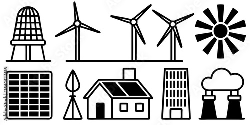 Renewable Energy and Industrial Icons in Black Outline Style wind turbine solar panel