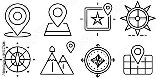 Navigation and Location Icons in Black Outline Style marker compass