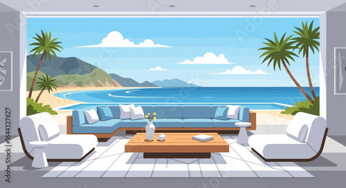 Serene coastal interior design with expansive ocean views and modern aesthetics
