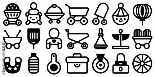 Collection of cartoon shopping and baby care icons in black and white shopping cart stroller